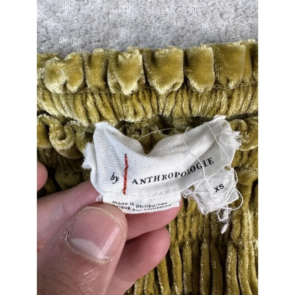 Anthropologie Blouse Womens XS Gold Velvet Off Shoulder Puff Sleeve‎ Cropped